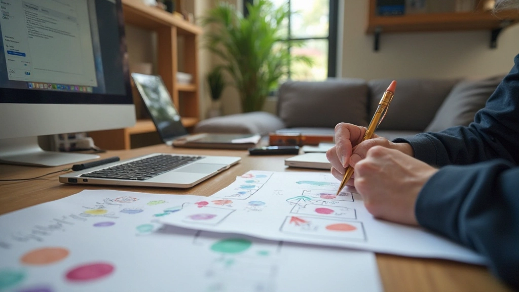 Webontwerper aan het werk met kleurenpalet en wireframe sketches op bureau