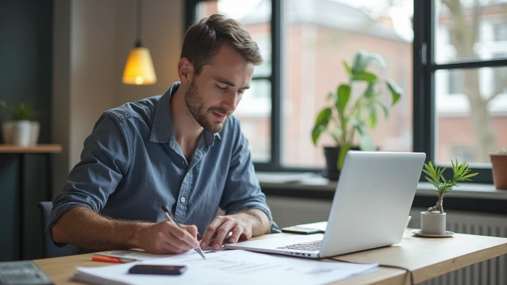 Designer aan het werk op laptop, schets van mobile-first design proces met telefoon schets en tablet schets zichtbaar op bureau
