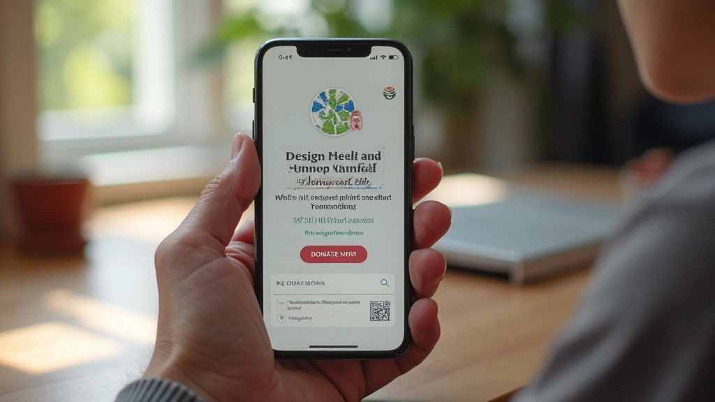 Mobiele telefoon toont mooie nonprofit website design met donatieknop