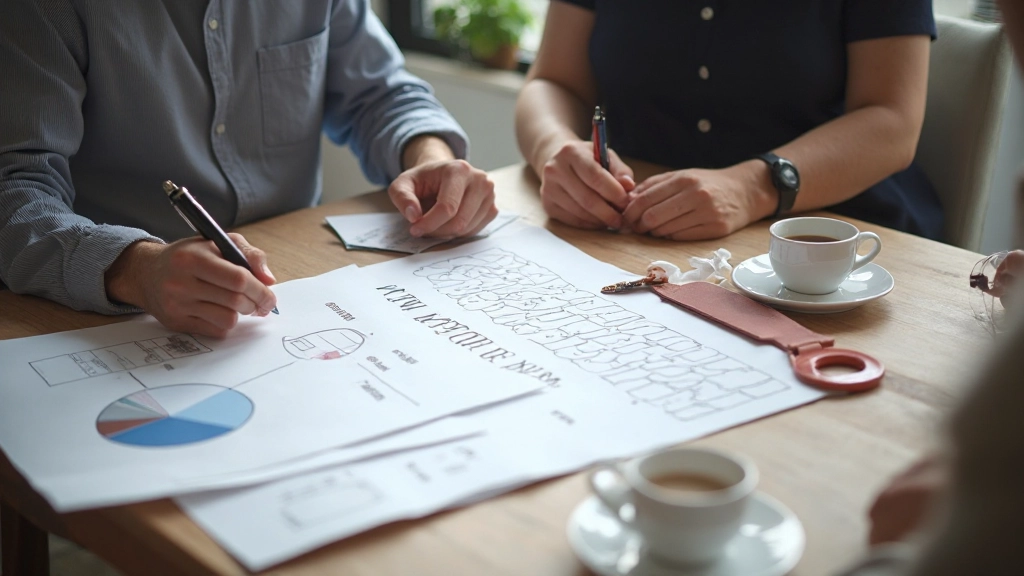 Twee personen bespreken websitestructuur aan tafel met wireframe mockups