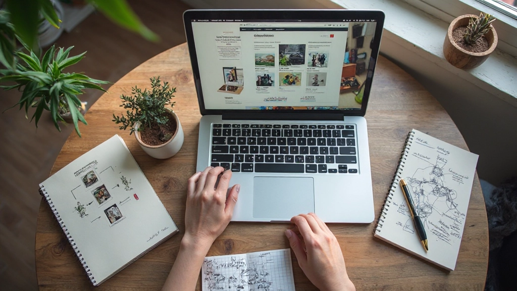 Laptop op houten bureau met notitieblok en pen, werkruimte voor webdesign